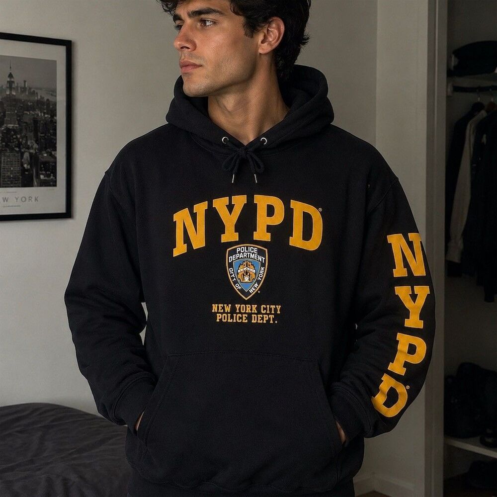 NYPD Hoodie Unisex Adults XL Black Pullover Graphic Print Kangaroo Pocket